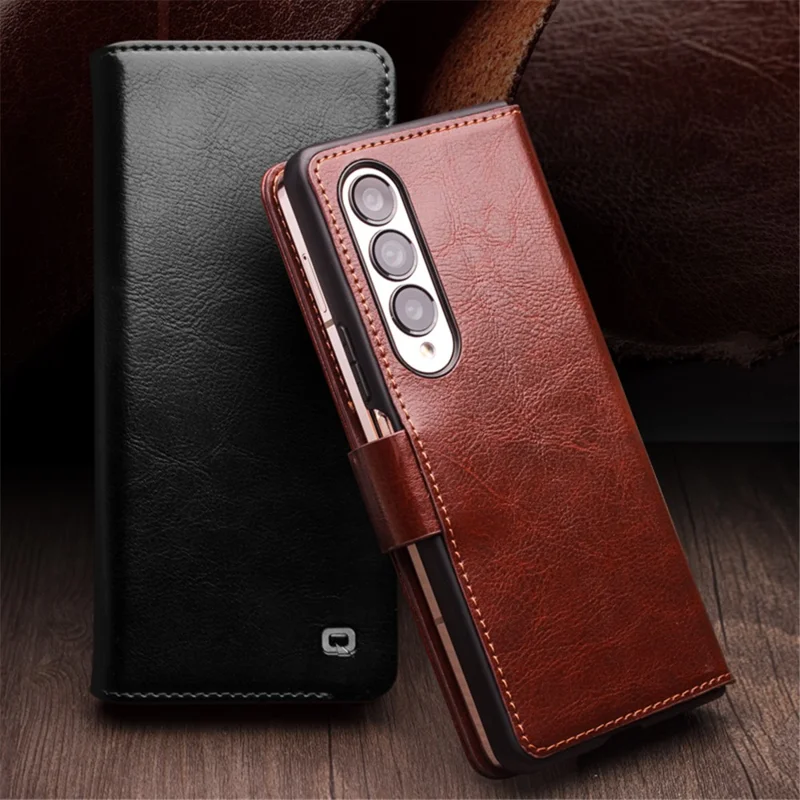QIALINO Para Samsung Galaxy Z Fold4 5G Funda de Piel de Vaca Genuina Cartera Funda Magnética de Teléfono - Marrón
