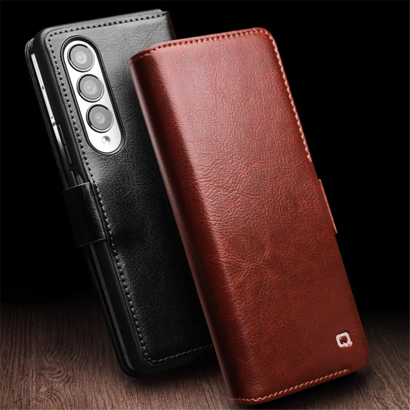 QIALINO Para Samsung Galaxy Z Fold4 5G Funda de Piel de Vaca Genuina Cartera Funda Magnética de Teléfono - Marrón