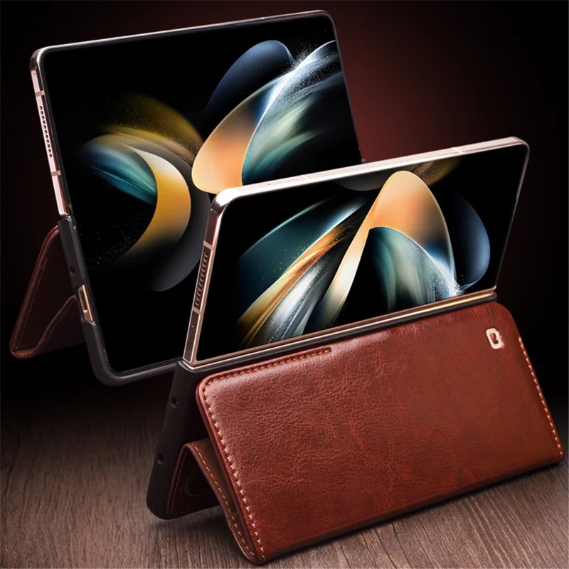 QIALINO Para Samsung Galaxy Z Fold4 5G Funda de Piel de Vaca Genuina Cartera Funda Magnética de Teléfono - Marrón