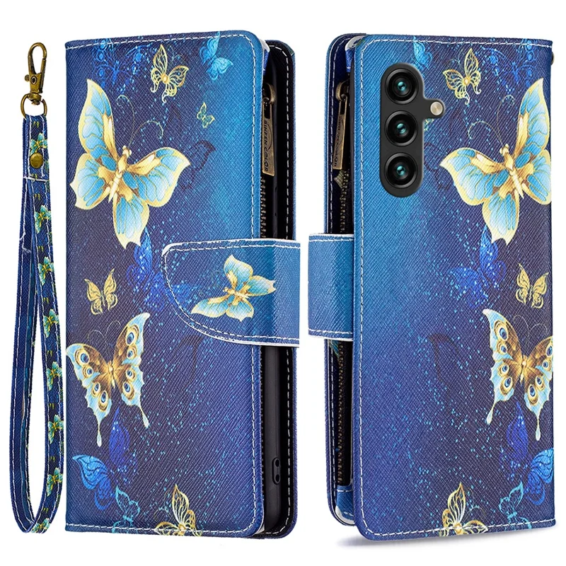 BF03 For Samsung Galaxy A55 5G Leather Case Magnetic Zipper Flip Phone Cover - Golden Butterflies