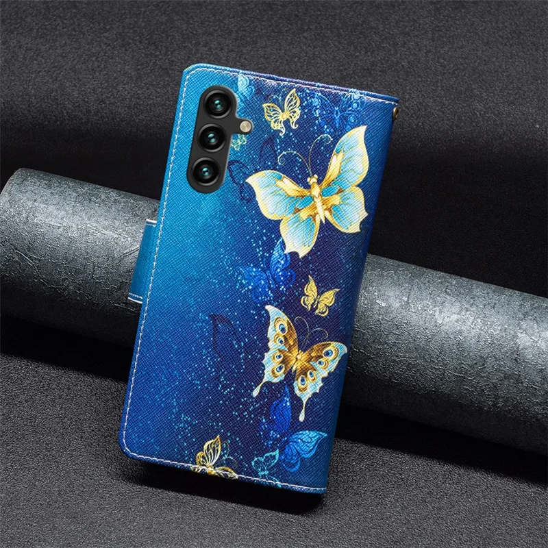 BF03 For Samsung Galaxy A55 5G Leather Case Magnetic Zipper Flip Phone Cover - Golden Butterflies