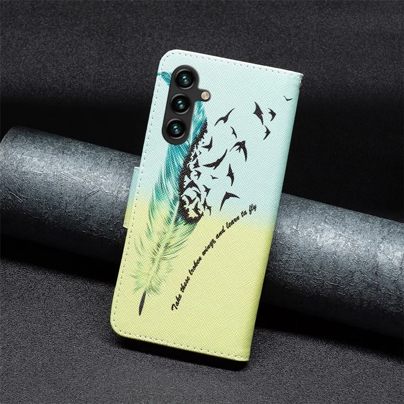 For Samsung Galaxy A55 5G PU Leather Flip Cover Pattern Printing Phone Case - Feather and Birds