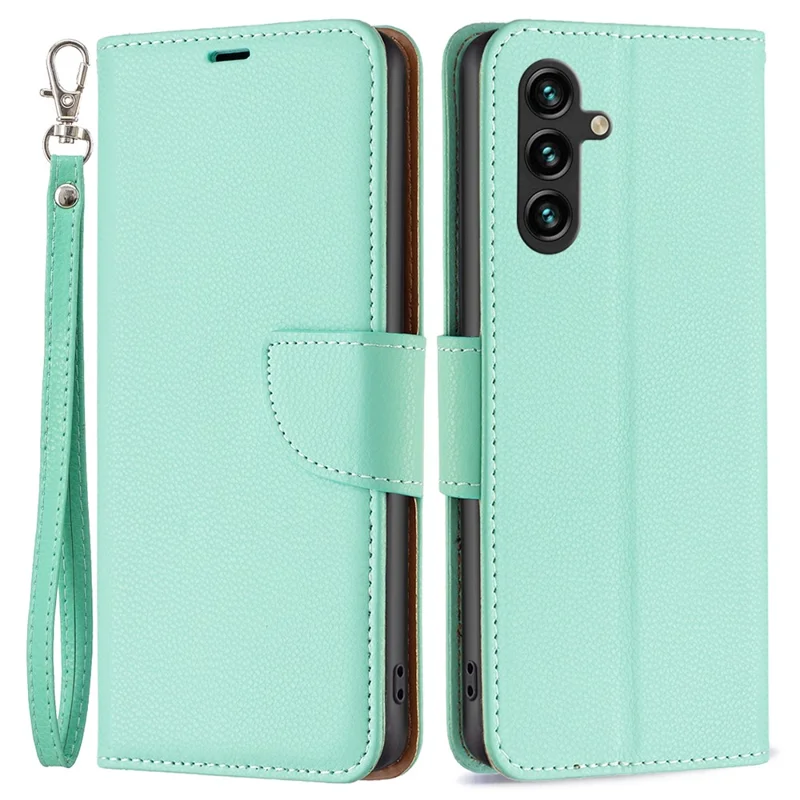 For Samsung Galaxy A55 5G Wallet Case with Wrist Strap Litchi Texture Leather Phone Stand Cover - Green