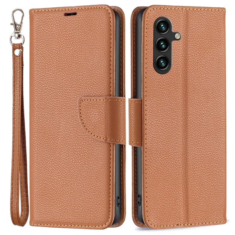 For Samsung Galaxy A55 5G Wallet Case with Wrist Strap Litchi Texture Leather Phone Stand Cover - Brown