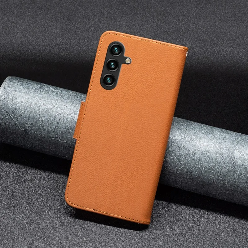 For Samsung Galaxy A55 5G Wallet Case with Wrist Strap Litchi Texture Leather Phone Stand Cover - Brown