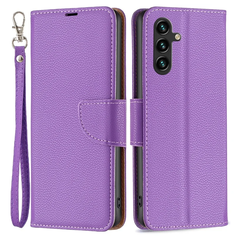 For Samsung Galaxy A55 5G Wallet Case with Wrist Strap Litchi Texture Leather Phone Stand Cover - Purple