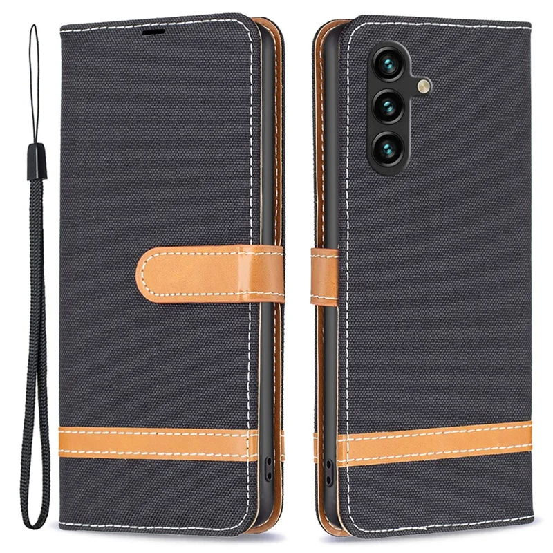 Voor Samsung Galaxy A55 5G Telefoonhoesje Jeansstof en Leren Standsbeschermer - Zwart