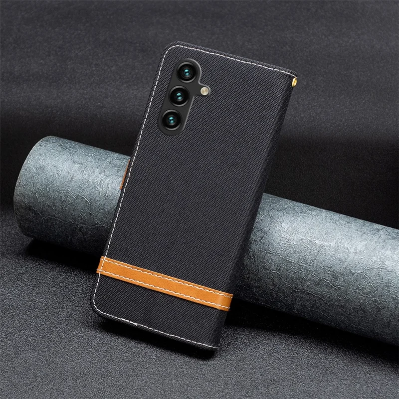 Voor Samsung Galaxy A55 5G Telefoonhoesje Jeansstof en Leren Standsbeschermer - Zwart