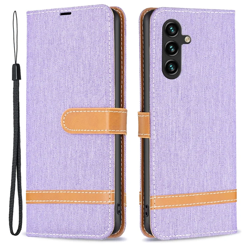 For Samsung Galaxy A55 5G Cell Phone Case Jeans Cloth Splicing Leather Stand Protective Cover - Purple