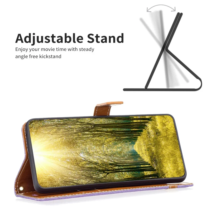For Samsung Galaxy A55 5G Cell Phone Case Jeans Cloth Splicing Leather Stand Protective Cover - Purple