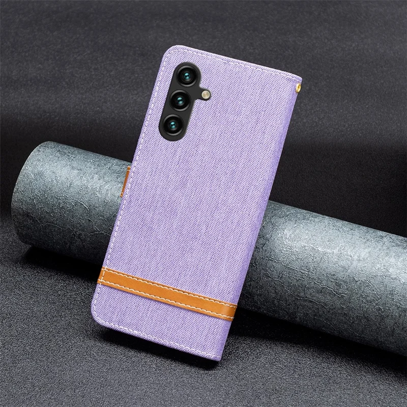 For Samsung Galaxy A55 5G Cell Phone Case Jeans Cloth Splicing Leather Stand Protective Cover - Purple