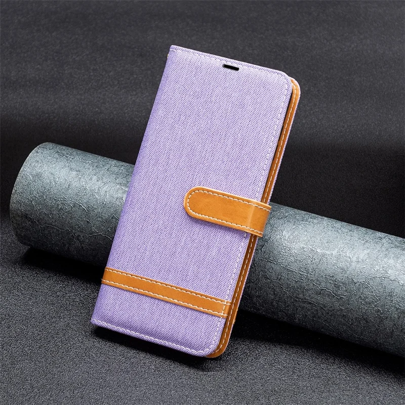 For Samsung Galaxy A55 5G Cell Phone Case Jeans Cloth Splicing Leather Stand Protective Cover - Purple