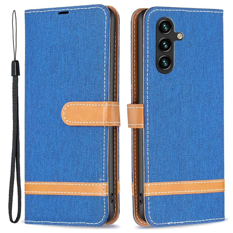 For Samsung Galaxy A55 5G Cell Phone Case Jeans Cloth Splicing Leather Stand Protective Cover - Sapphire
