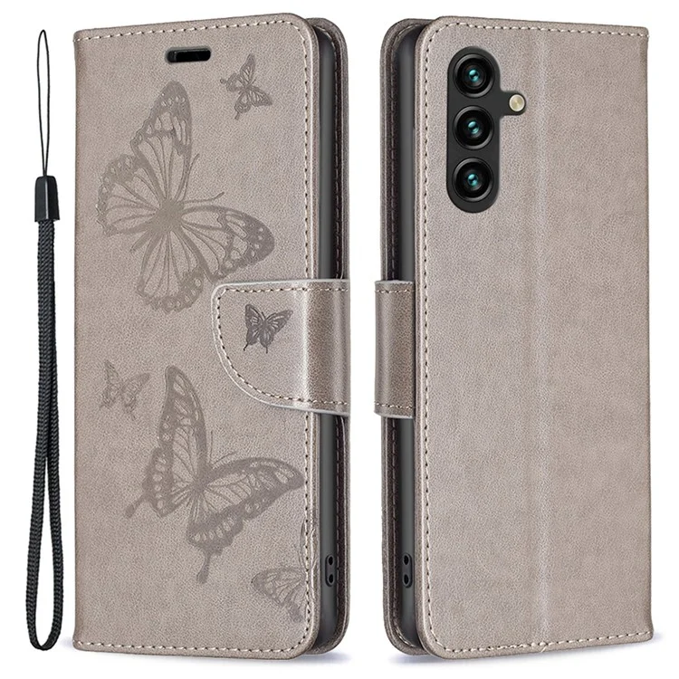 Pour Samsung Galaxy A55 5G Case Anti-fall Butterfly Imprinted Leather Mobile Phone Stand Cover - Grey