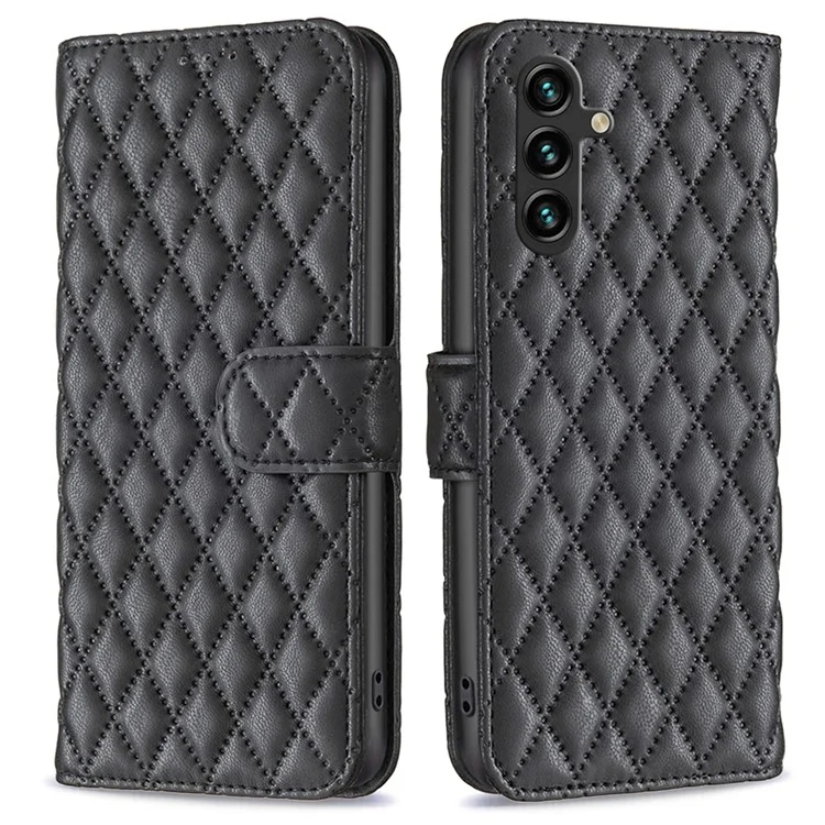 BINFEN COLOR BF Style-14 Для Samsung Galaxy A55 5G Чехол из искусственной кожи Ромбовидный узор Чехол для телефона - Черный
