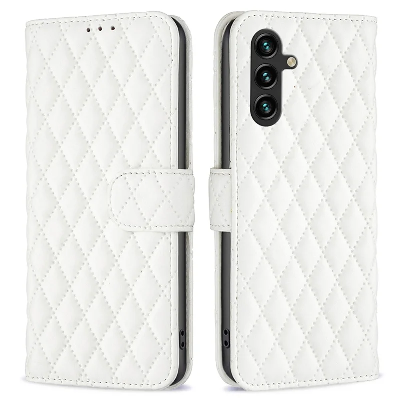 BINFEN COLOR BF Style-14 For Samsung Galaxy A55 5G Leather Case Rhombus Grid Pattern Phone Cover - White