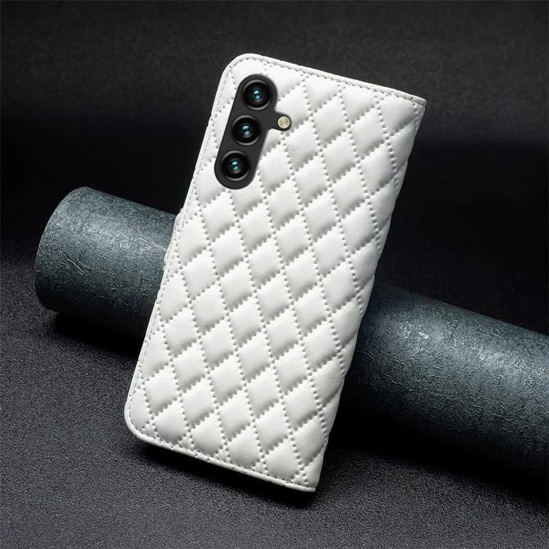 BINFEN COLOR BF Style-14 For Samsung Galaxy A55 5G Leather Case Rhombus Grid Pattern Phone Cover - White