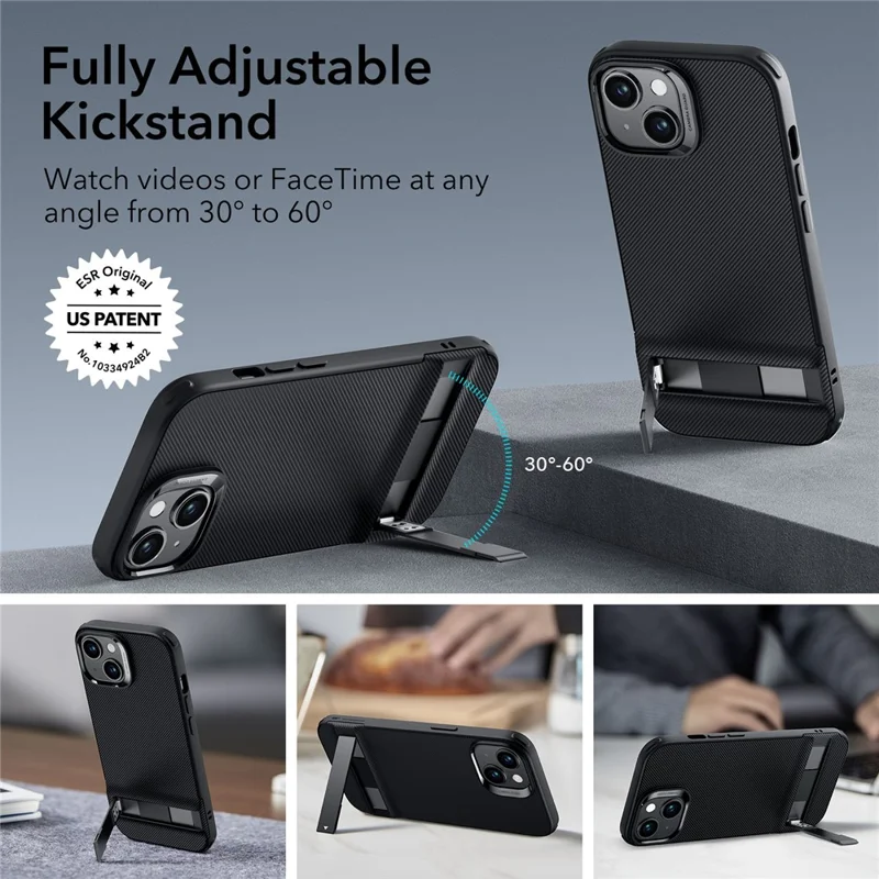 ESR Boost Series for iPhone 15 Plus Metal Kickstand Case Acrylic+TPU Phone Cover - Black