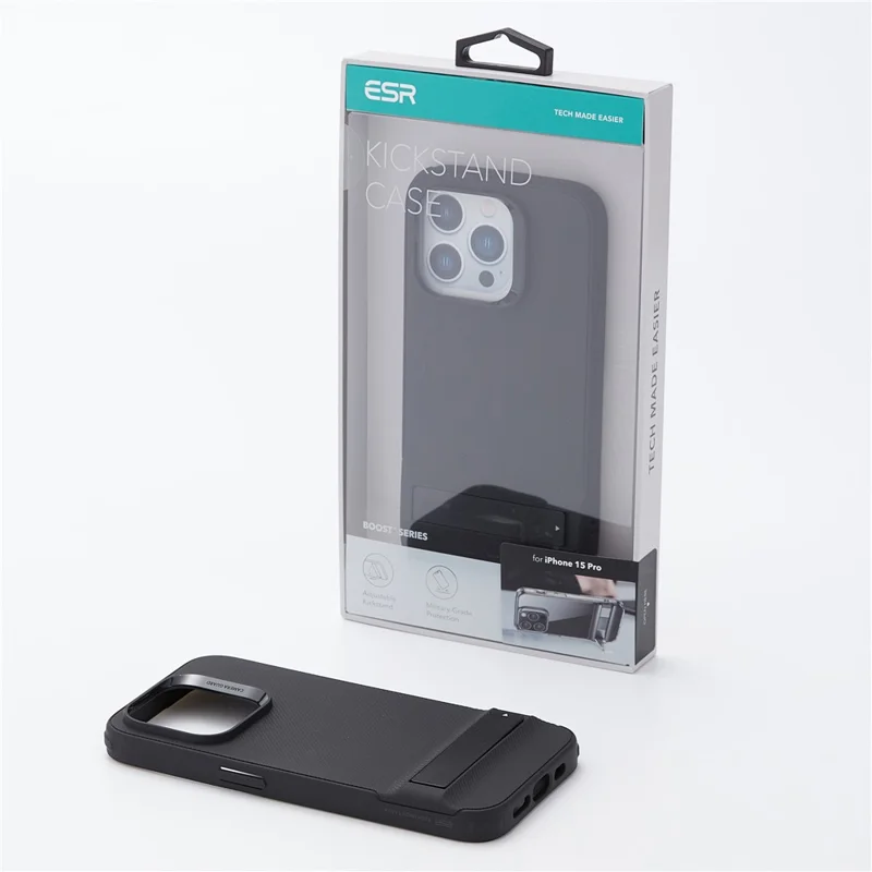 ESR Boost Series for iPhone 15 Plus Metal Kickstand Case Acrylic+TPU Phone Cover - Black