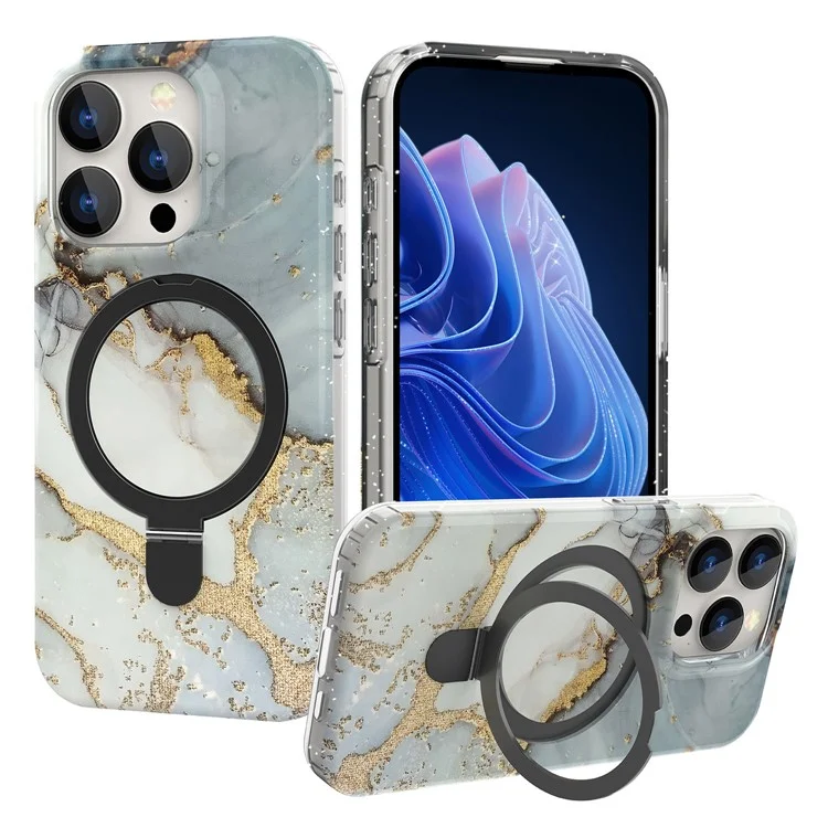 For iPhone 15 Pro Magnetic Case Ring Kickstand Marble Pattern Phone Cover - Grey