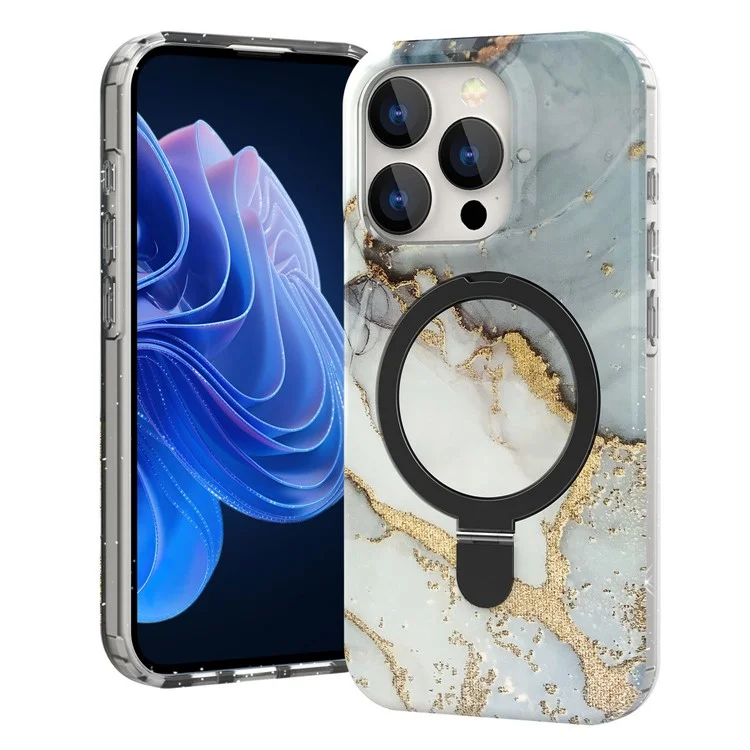 For iPhone 15 Pro Magnetic Case Ring Kickstand Marble Pattern Phone Cover - Grey