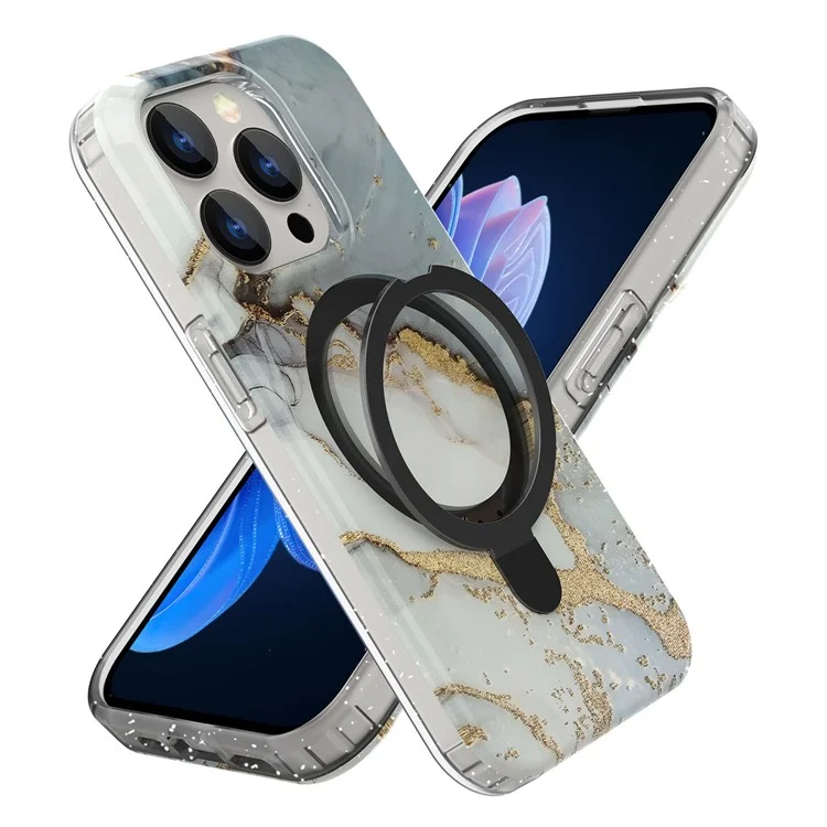 For iPhone 15 Pro Magnetic Case Ring Kickstand Marble Pattern Phone Cover - Grey