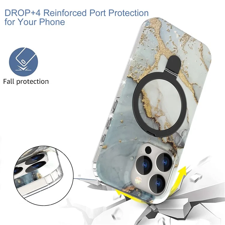 For iPhone 15 Pro Magnetic Case Ring Kickstand Marble Pattern Phone Cover - Grey