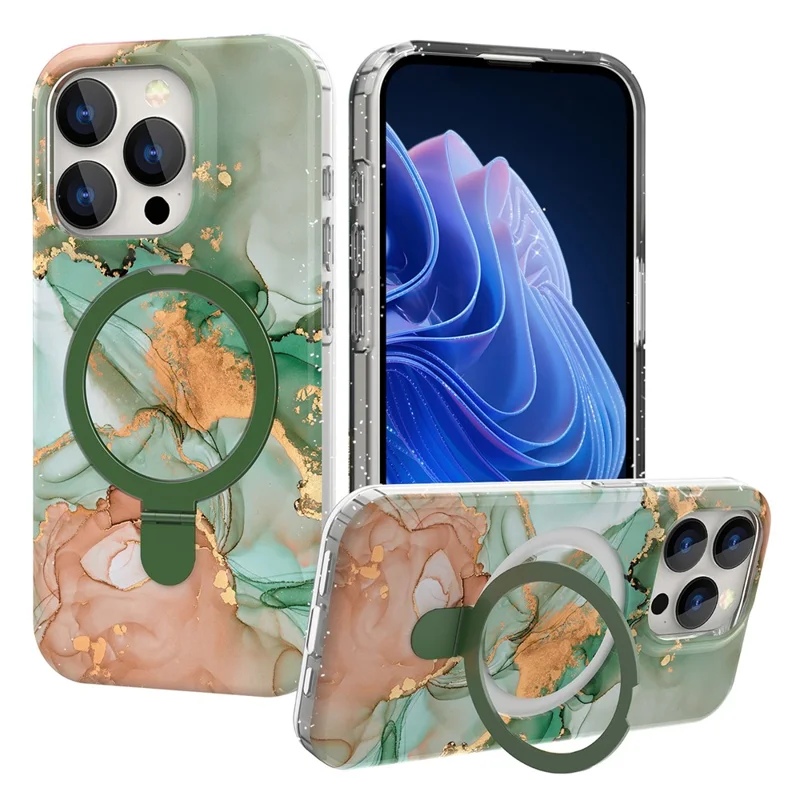 Obudowa magnetyczna z pierścieniem i podstawką dla iPhone'a 15 Pro, pokrywa z wzorem marmuru - zielona