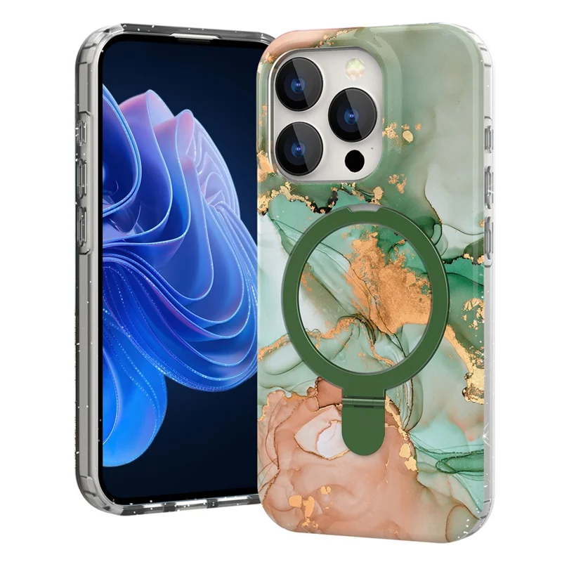 Obudowa magnetyczna z pierścieniem i podstawką dla iPhone'a 15 Pro, pokrywa z wzorem marmuru - zielona