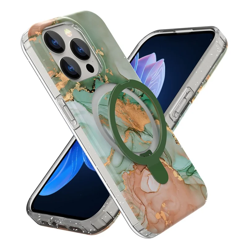 Obudowa magnetyczna z pierścieniem i podstawką dla iPhone'a 15 Pro, pokrywa z wzorem marmuru - zielona