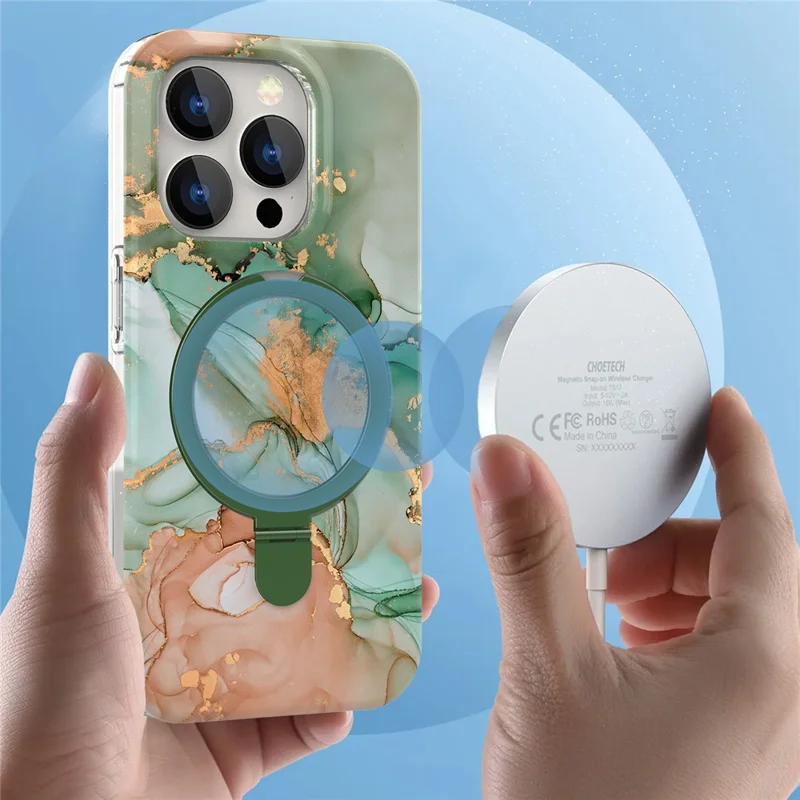 Obudowa magnetyczna z pierścieniem i podstawką dla iPhone'a 15 Pro, pokrywa z wzorem marmuru - zielona