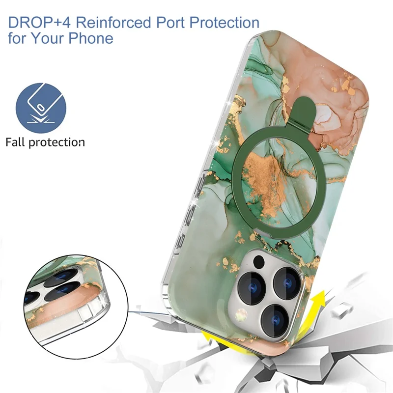 Obudowa magnetyczna z pierścieniem i podstawką dla iPhone'a 15 Pro, pokrywa z wzorem marmuru - zielona