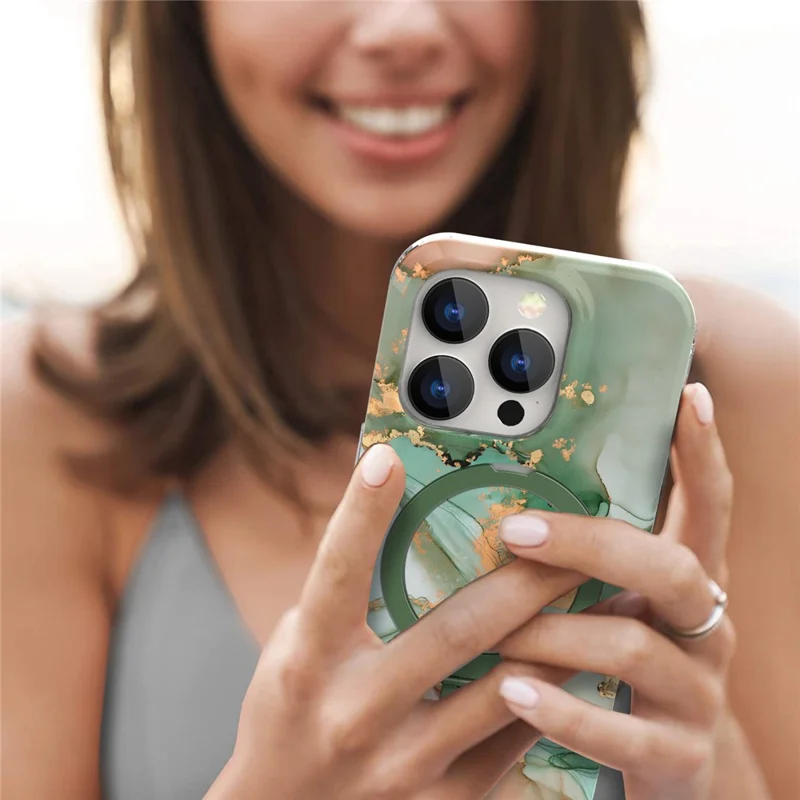 Obudowa magnetyczna z pierścieniem i podstawką dla iPhone'a 15 Pro, pokrywa z wzorem marmuru - zielona