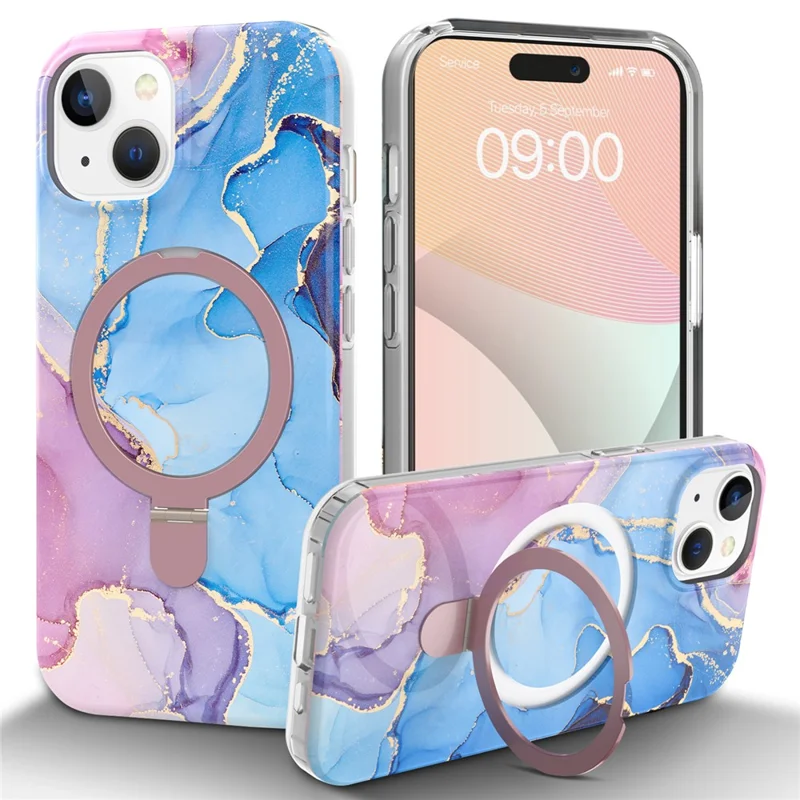 For iPhone 15 Magnetic Case Marble Pattern PC+TPU Cover with Ring Kickstand - Blue
