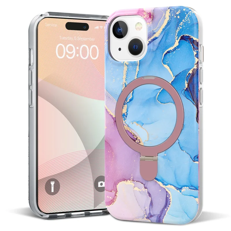 For iPhone 15 Magnetic Case Marble Pattern PC+TPU Cover with Ring Kickstand - Blue