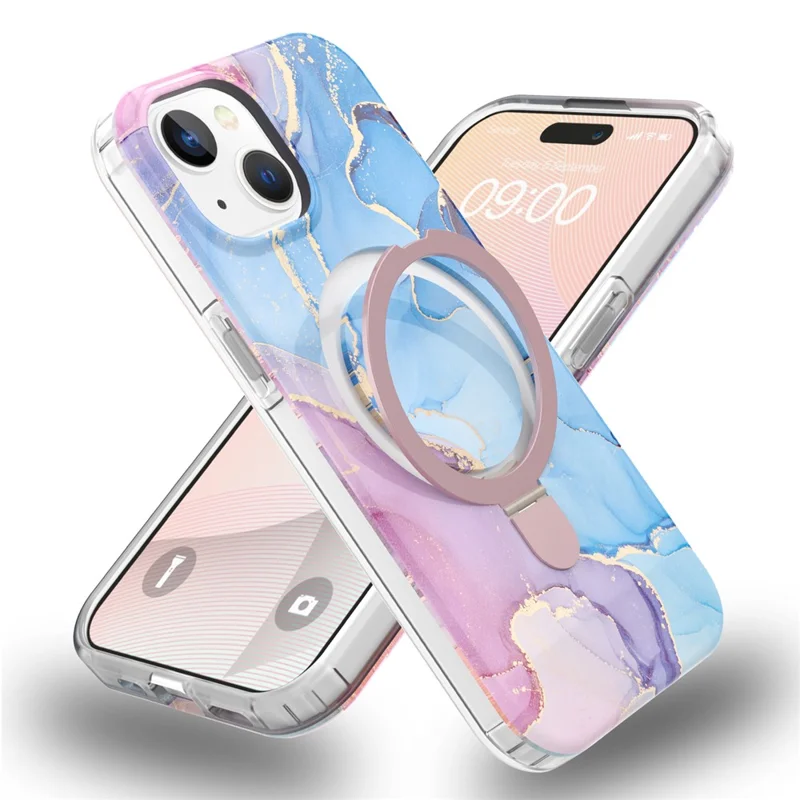 For iPhone 15 Magnetic Case Marble Pattern PC+TPU Cover with Ring Kickstand - Blue