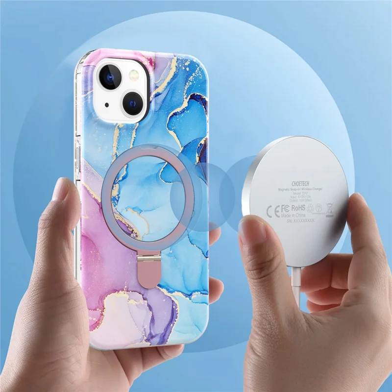 For iPhone 15 Magnetic Case Marble Pattern PC+TPU Cover with Ring Kickstand - Blue