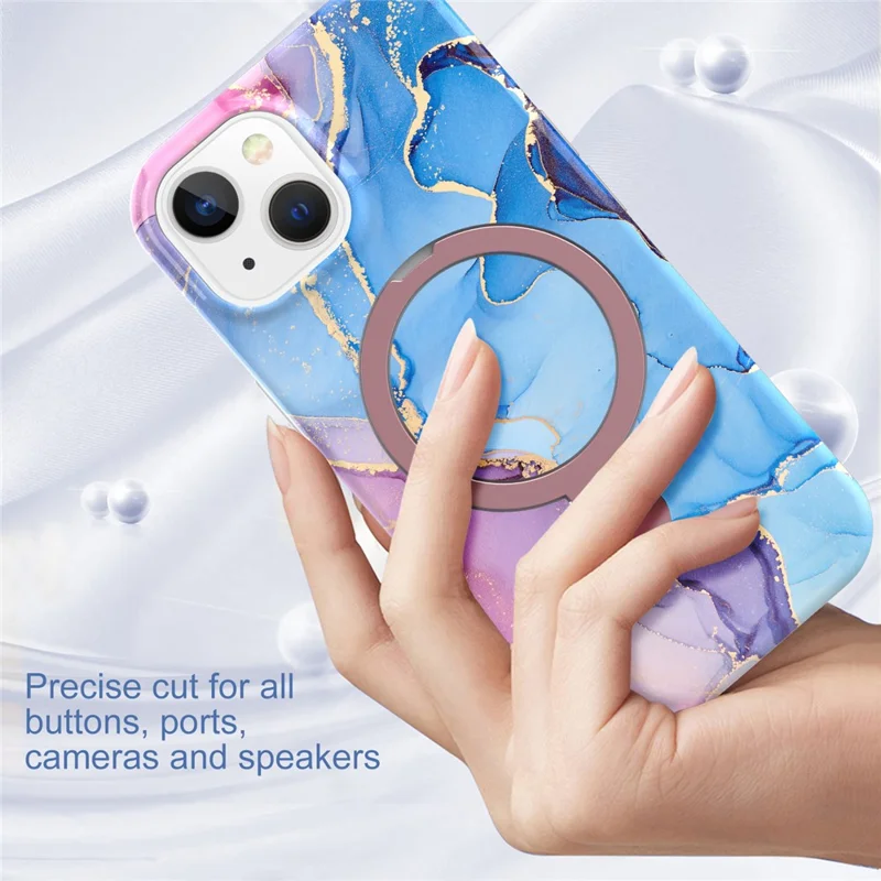 For iPhone 15 Magnetic Case Marble Pattern PC+TPU Cover with Ring Kickstand - Blue