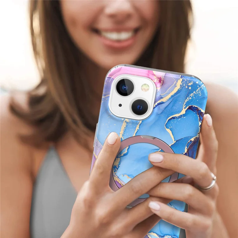 For iPhone 15 Magnetic Case Marble Pattern PC+TPU Cover with Ring Kickstand - Blue