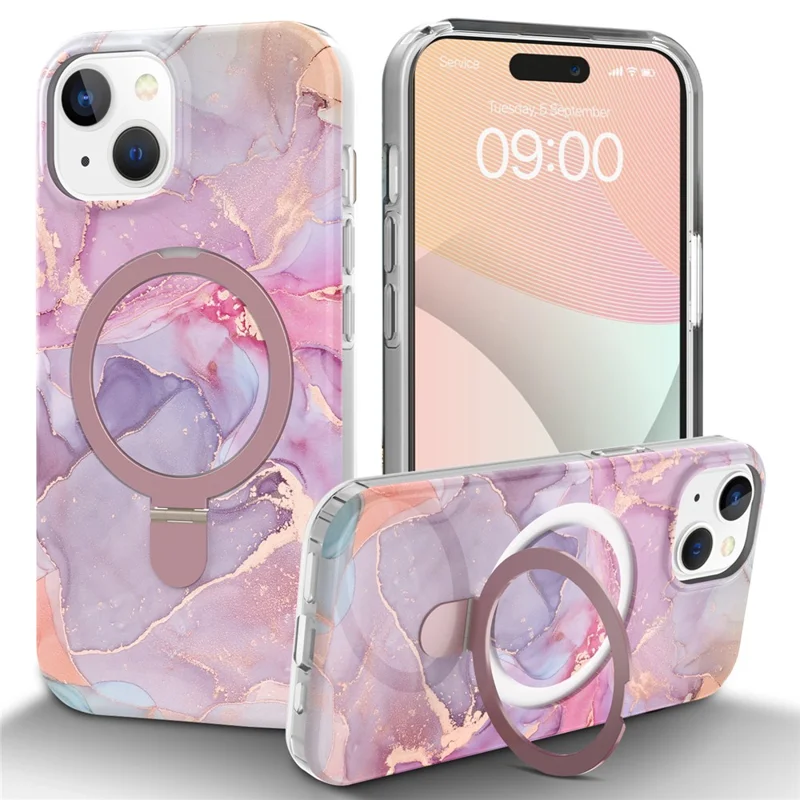 For iPhone 15 Plus Magnetic Case Marble Pattern PC+TPU Phone Kickstand Cover - Pink Purple