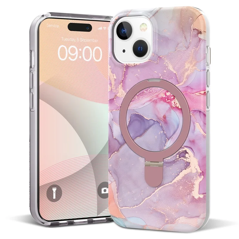 For iPhone 15 Plus Magnetic Case Marble Pattern PC+TPU Phone Kickstand Cover - Pink Purple