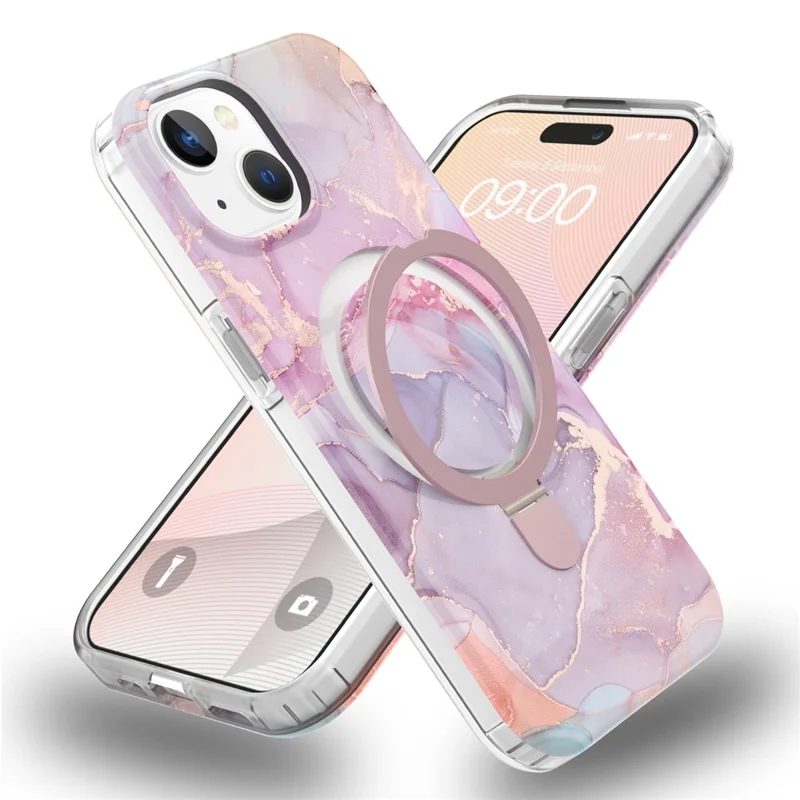 For iPhone 15 Plus Magnetic Case Marble Pattern PC+TPU Phone Kickstand Cover - Pink Purple