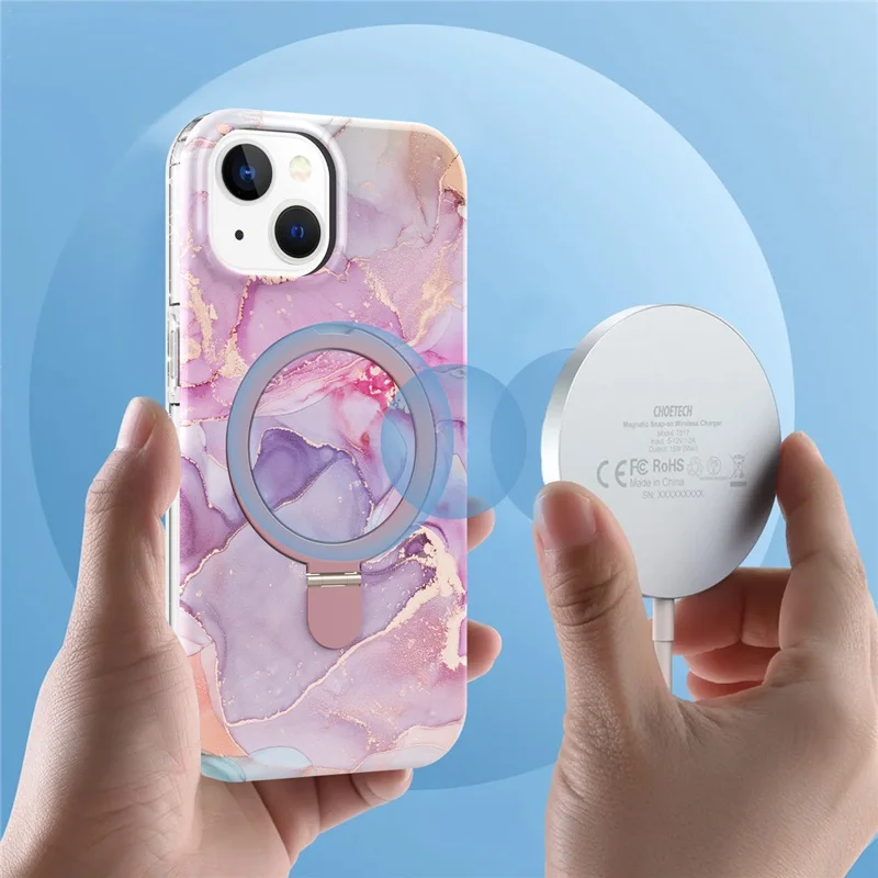 For iPhone 15 Plus Magnetic Case Marble Pattern PC+TPU Phone Kickstand Cover - Pink Purple