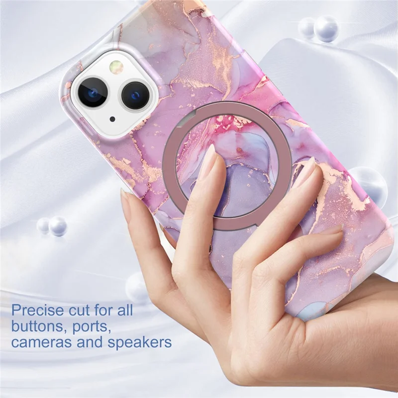 For iPhone 15 Plus Magnetic Case Marble Pattern PC+TPU Phone Kickstand Cover - Pink Purple