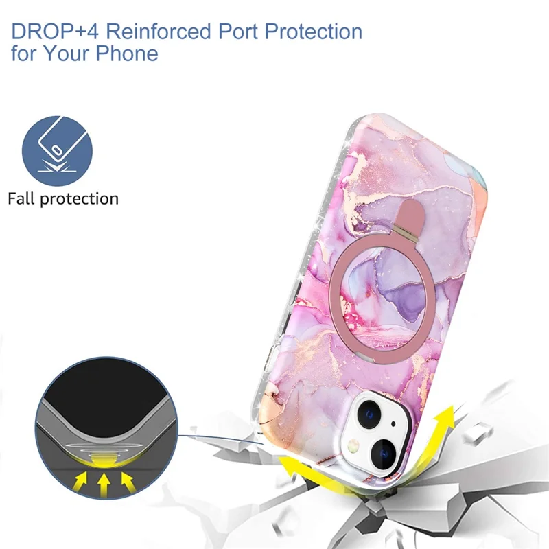 For iPhone 15 Plus Magnetic Case Marble Pattern PC+TPU Phone Kickstand Cover - Pink Purple