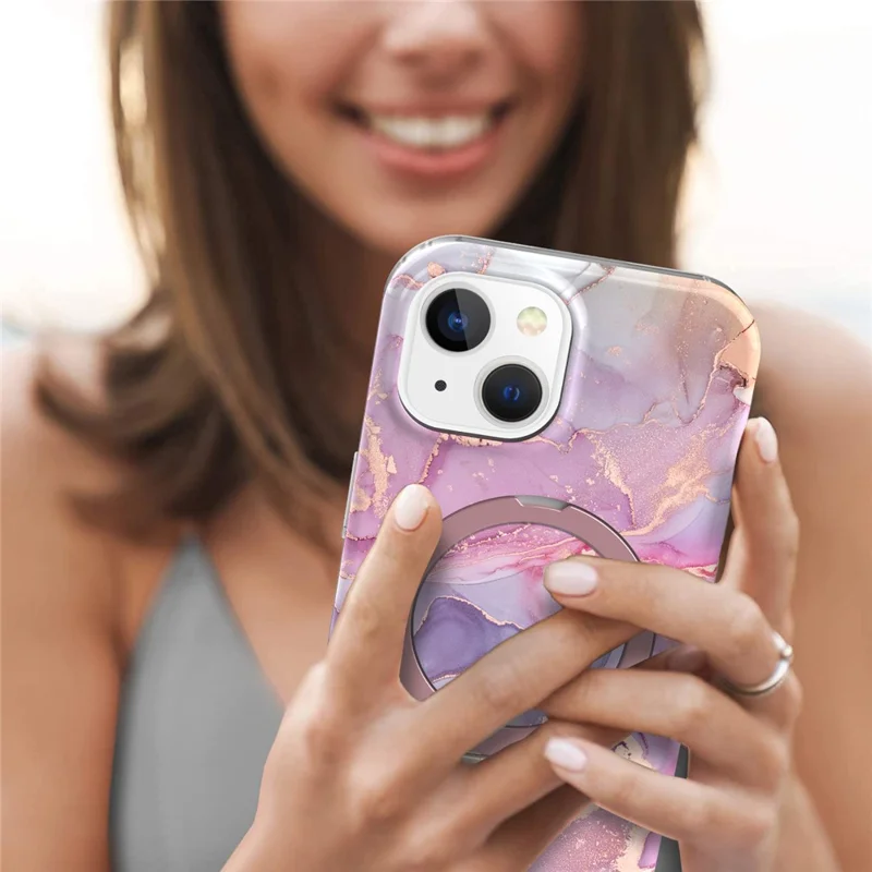 For iPhone 15 Plus Magnetic Case Marble Pattern PC+TPU Phone Kickstand Cover - Pink Purple