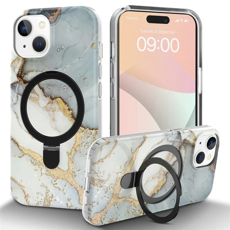 For iPhone 15 Plus Magnetic Case Marble Pattern PC+TPU Phone Kickstand Cover - Grey