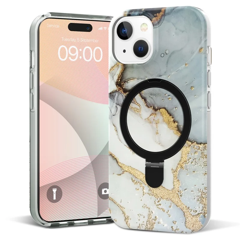 For iPhone 15 Plus Magnetic Case Marble Pattern PC+TPU Phone Kickstand Cover - Grey