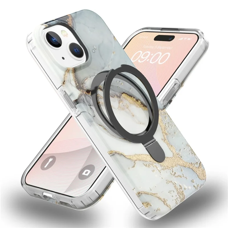 For iPhone 15 Plus Magnetic Case Marble Pattern PC+TPU Phone Kickstand Cover - Grey