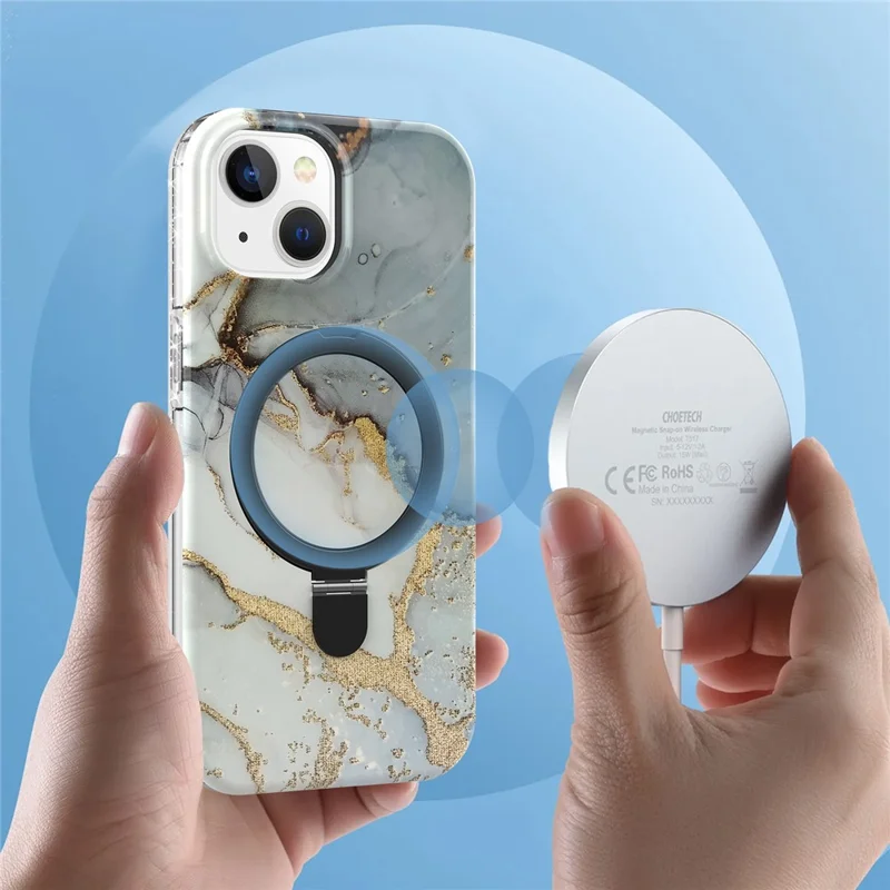 For iPhone 15 Plus Magnetic Case Marble Pattern PC+TPU Phone Kickstand Cover - Grey